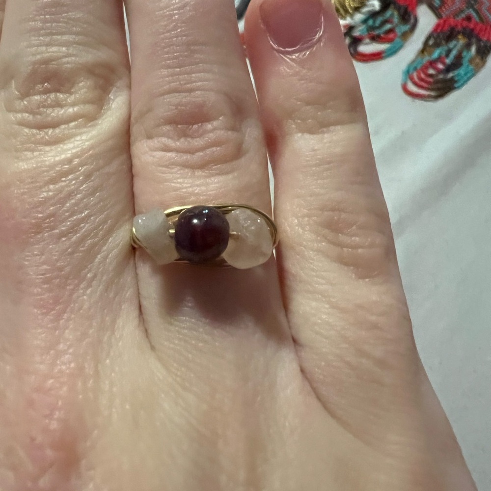 Gold Wore Wrapped Garnet and Rose Quartz ring